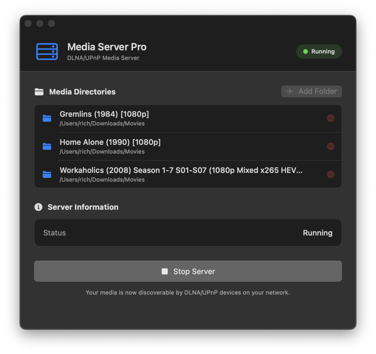 Media Server Pro screenshot on MacOS