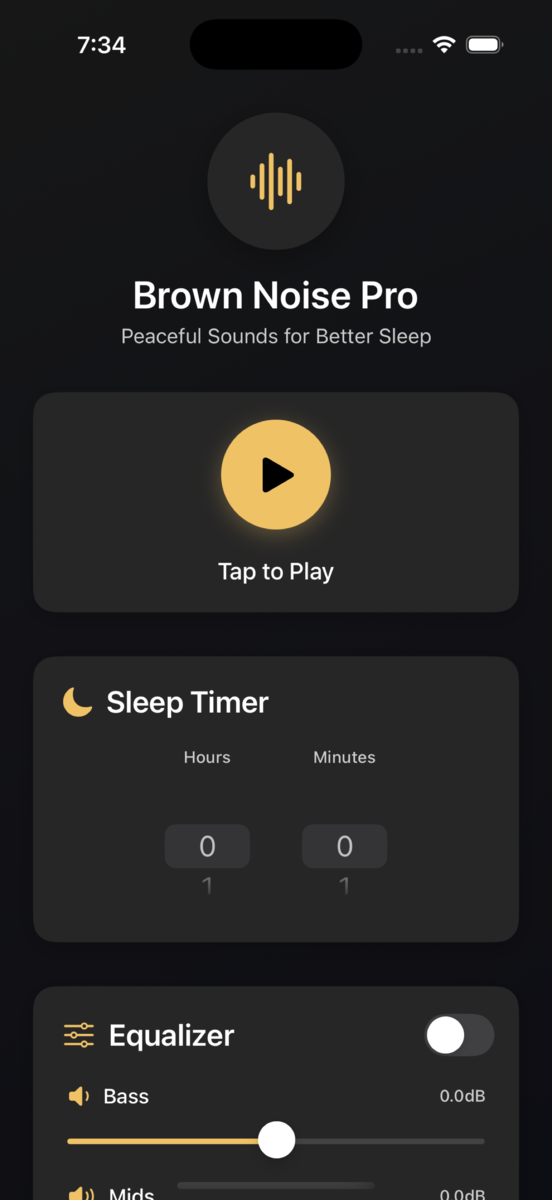 Brown Noise Pro app screenshot showing the main interface