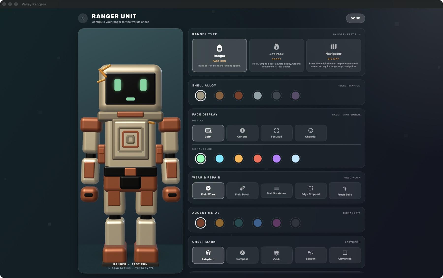 Valley Rangers on Mac showing the robot Ranger customization screen