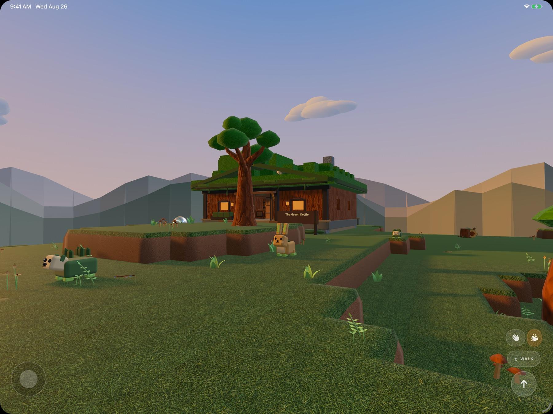 Valley Rangers on iPad showing a green valley, wildlife, and The Green Kettle gathering place